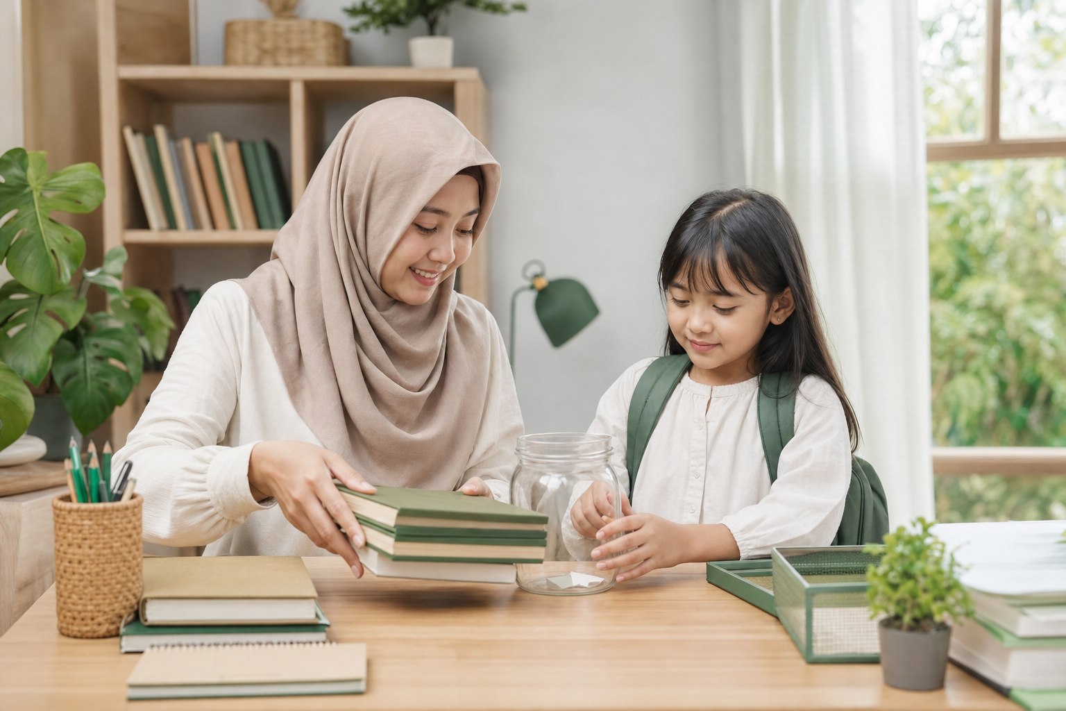 Ibu dan anak mempersiapkan dana pendidikan melalui Simpelna